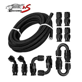 250918-3 Aoxoms 4an Black Nylon Braided E85 Ptfe Fuel Line 10ft With 10 Fittings Hose Kit