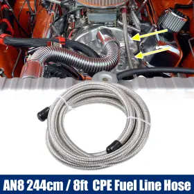 Automall Tech 723115648607 8ft/244cm An8 Car Braided Stainless Steel Cpe Oil Fuel Gas Line Hose Silver Tone