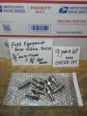 Adapter..304ss...3 Foxx 04c03-127 9pc Hose Barb Adapter..304ss...3/8 Inch Male Flare 3/8 Barb..new