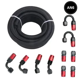 Lk-hf-6an20br Lencool Racing 6an Braided Nylon Oil Fuel Hose Line Kit 20ft Fitting Adapter Aluminum Black Red