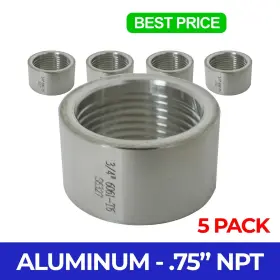 Albung-075x5 Majestic Water Spouts 5 Pack .75 Inch 3/4 Npt Aluminum 6061 Thread Half Coupling Weld Pipe Fitting Bung