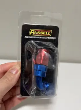 610160 Russell Full Flow Swivel Hose End Fitting 90 Degree An6 # 6 6an Red Blue