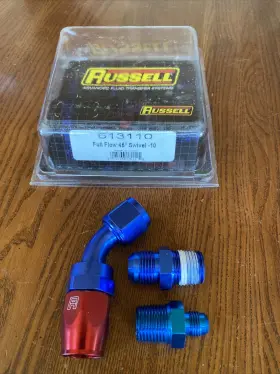 613110 Russell Full Flow Swivel Hose End Fitting 45 Degree -10 Red Blue Adapters