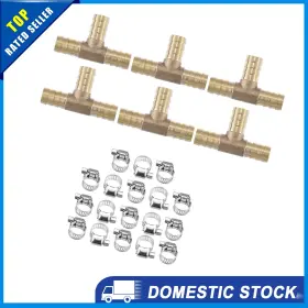 X Autohaux 732324813294 Universal 12mm T Shaped Brass Hose Barb Fitting Connector With Clamp Pack Of 6